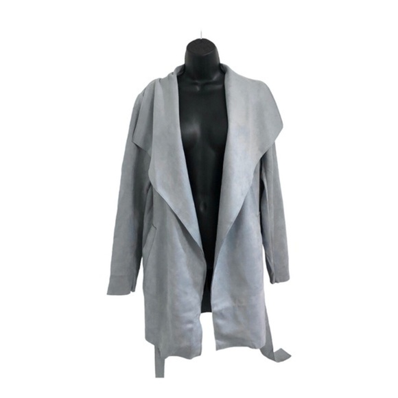 Haute monde Blue faux suede oversized shawl collar belted trench coat size Large - Picture 3 of 16